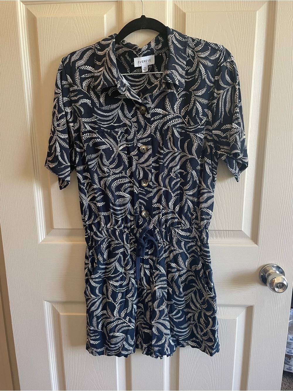 Evereve Navy and White Printed Button-Front Drawstring Romper